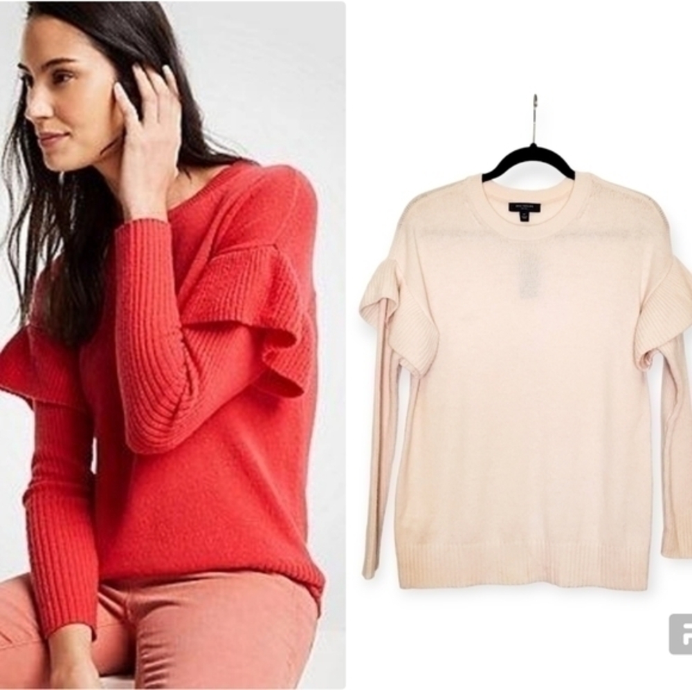 Ann Taylor Petite Flounce Sleeve Sweater in Soft Pink